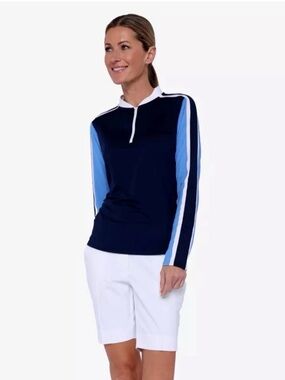 BELYN KEY NWT Venus Long Slv Top INK MARINE BLUE Med UPF 50+ 1/4 Zip Sun Protect